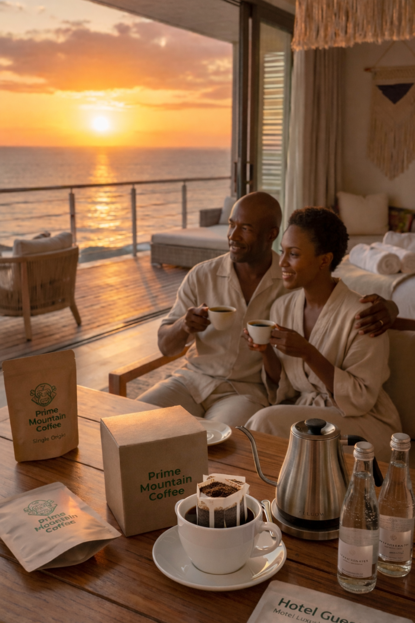 Couple enjoying Prime Mountain Coffee in a luxury leisure setting